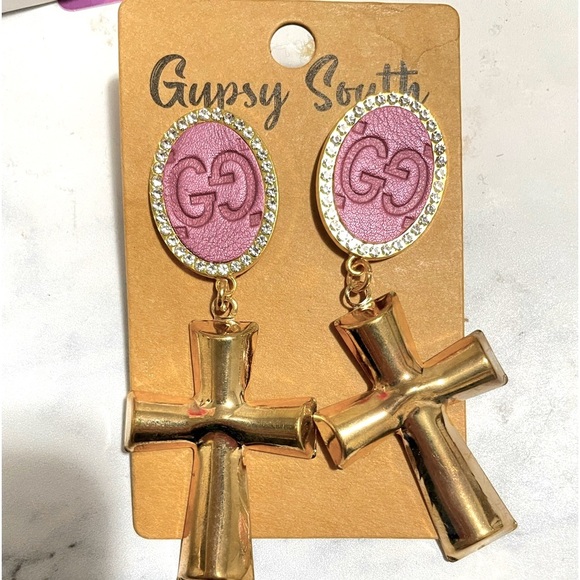 NWT GYPSY SOUTH Upcycled GG Earrings Dangle Crosses Rhinestone Crystals Gold - Picture 4 of 5